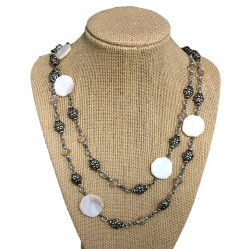 Brighton Mother of Pearl Shell Station Necklace Silver Tone Filigree Beaded Long